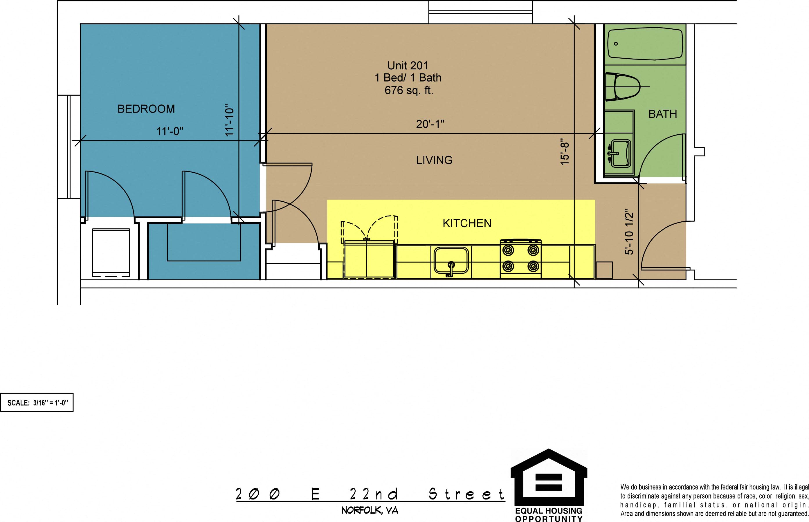 Floor plan for 1 bed, 1 bath, 676 sqft